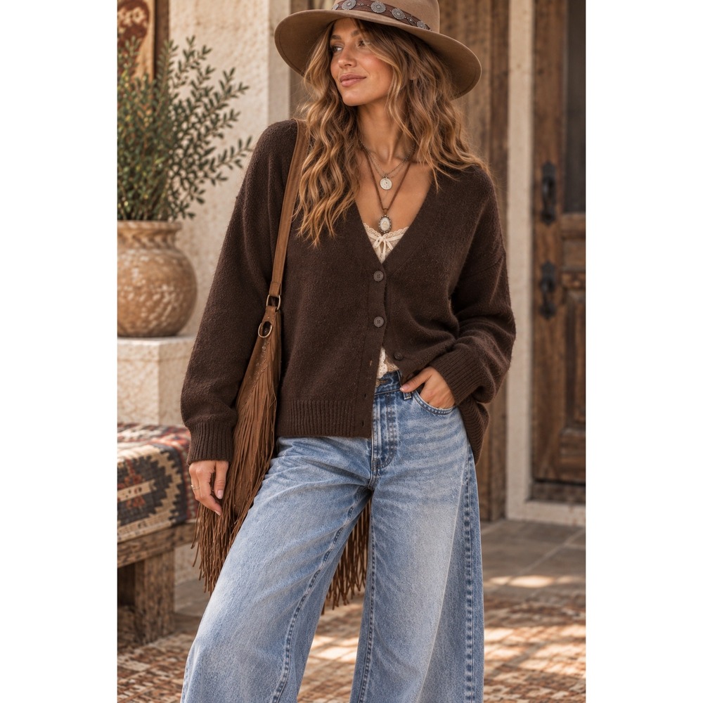 Zara Brown V-Neck Button Front Knit Cardigan Sweater Small Relaxed Fit